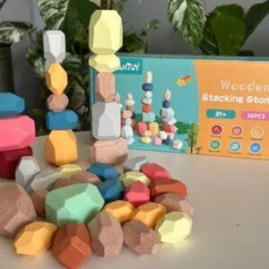 Bestamtoy 36 PCS Colorful Natural Quality Wooden Sensory Building Stone Toy Set